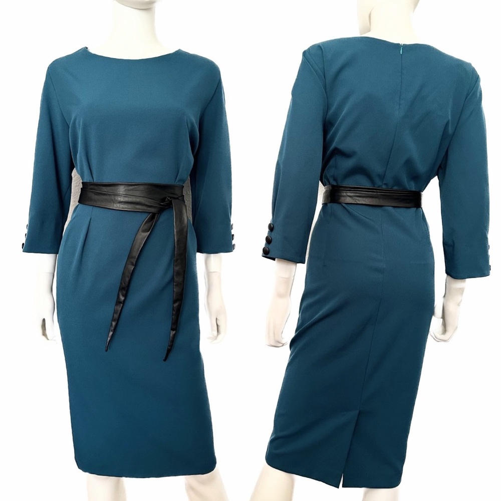 NWT WOMEN PLUS SIZE DRESS KNEE-LENGTH 3/4 SLEEVES BELTED FORMAL‎ OFFICE WEAR